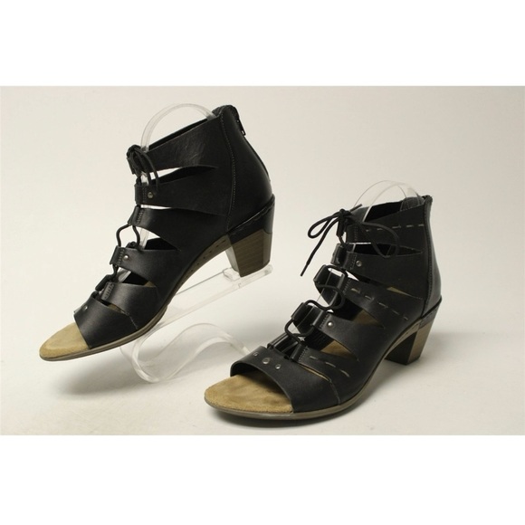 REIKER Gladiator Black Leather Sandal Lace Up Heels 9 - Picture 2 of 6